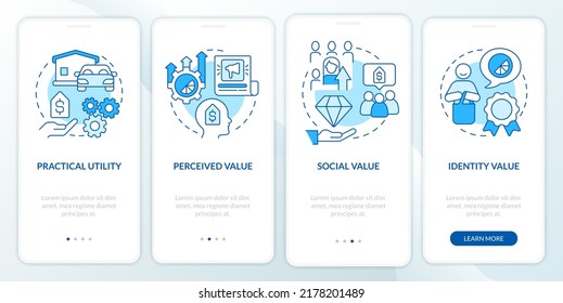 Product values blue onboarding mobile app screen. Business walkthrough 4 steps editable graphic instructions with linear concepts. UI, UX, GUI template. Myriad Pro-Bold, Regular fonts used