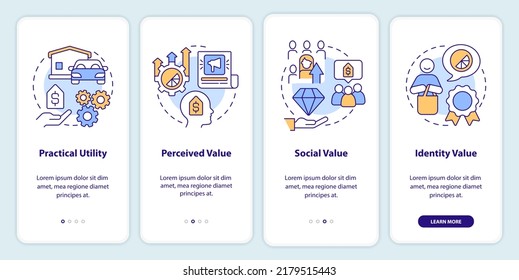 Valores de producto a bordo de la pantalla de aplicación móvil. Recorrido comercial 4 pasos instrucciones gráficas editables con conceptos lineales. UI, UX, plantilla GUI. Multitud de tipos de letra Pro-Bold, con uso regular
