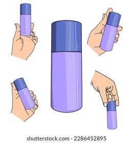 vector de producto con 4 estilos que contienen el producto en un fotoproducto en forma de tubo azul y manos de bronceado