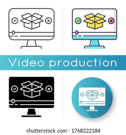 Product video icon. Parcel unboxing. Goods review. Box unpacking. Digital marketing content. Purchase feedback. Linear black and RGB color styles. Isolated vector illustrations