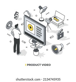 Product video. Man watching instructional video that helps better understand products. Customer experience and product marketing concept. Isometric vector illustration with isolated objects