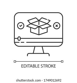 Product video pixel perfect linear icon. Parcel unboxing. Goods review. Box unpacking. Thin line customizable illustration. Contour symbol. Vector isolated outline drawing. Editable stroke
