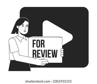 Product video review bw concept vector spot illustration. 2D cartoon flat line monochromatic character for web UI design. Video marketing editable isolated outline hero image. Bebas Neue font used