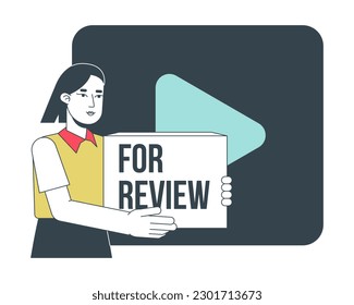 Product video review flat line concept vector spot illustration. 2D cartoon outline character on white for web UI design. Video marketing editable isolated colorful hero image. Bebas Neue font used