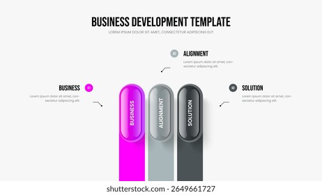 Diseño de marco de diagrama de visualización de Producto de 3 opciones. Business Insight Slideshow Ilustración vectorial de Plantilla. Diseño de la diapositiva de infografía de tres pasos de crecimiento del proyecto.