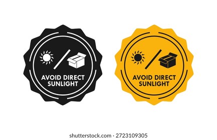 Etiqueta de advertencia de Producto o insignia con un ícono solar, aconsejando mantener el artículo lejos del calor solar directo y la luz para la preservación de la calidad.