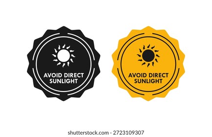 Etiqueta de advertencia de Producto o insignia con un ícono solar, aconsejando mantener el artículo lejos del calor solar directo y la luz para la preservación de la calidad.