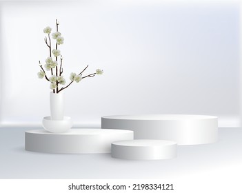 Product white round cosmetic podium, on of which there is a vase with a bouquet of blossoming apple tree (cherry, sakura) branches against the background of the same white wall. Vector illustration.