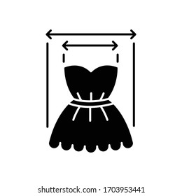 Product width black glyph icon. Measuring clothing size, tailoring parameters silhouette symbol on white space. Bust and skirt dimensions specification for bespoke dress. Vector isolated illustration