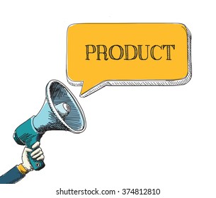 PRODUCT word in speech bubble with sketch drawing style