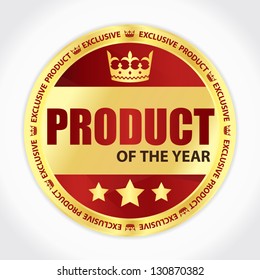 Product of the year badge with golden ribbon and red background