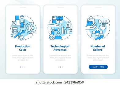 Production advanced blue onboarding mobile app screen. Supply law walkthrough 3 steps editable graphic instructions with linear concepts. UI, UX, GUI template. Myriad Pro-Bold, Regular fonts used