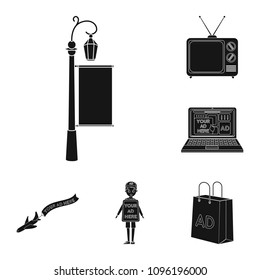 Production of advertising black icons in set collection for design. Advertising equipment vector symbol stock web illustration.
