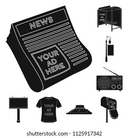 Production of advertising black icons in set collection for design. Advertising equipment vector symbol stock web illustration.