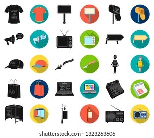Production of advertising black,flat icons in set collection for design. Advertising equipment vector symbol stock web illustration.