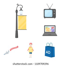 Production of advertising cartoon icons in set collection for design. Advertising equipment vector symbol stock web illustration.
