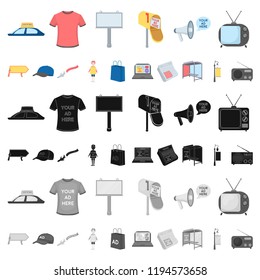 Production of advertising cartoon icons in set collection for design. Advertising equipment vector symbol stock web illustration.
