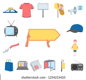 Production of advertising cartoon icons in set collection for design. Advertising equipment vector symbol stock web illustration.