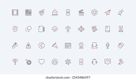 Produção e publicidade de conteúdo digital por linha de autor conjunto de ícones. Gravar vídeo, texto do artigo e música, campanha de promoção de mídia social fino preto e vermelho esboço símbolos ilustração vetorial