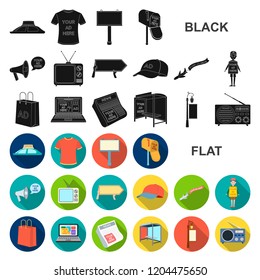 Production of advertising flat icons in set collection for design. Advertising equipment vector symbol stock web illustration.