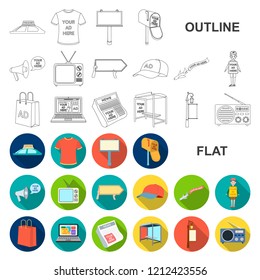 Production of advertising flat icons in set collection for design. Advertising equipment vector symbol stock web illustration.