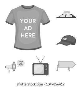 Production of advertising monochrome icons in set collection for design. Advertising equipment vector symbol stock web illustration.