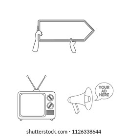 Production of advertising outline icons in set collection for design. Advertising equipment vector symbol stock web illustration.