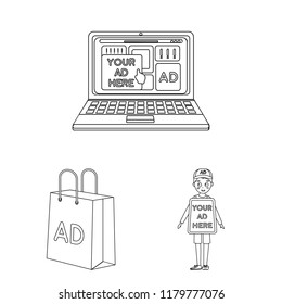 Production of advertising outline icons in set collection for design. Advertising equipment vector symbol stock web illustration.