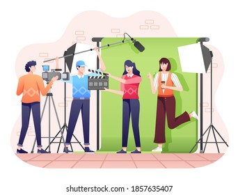 Production Agency Illustration, Director shooting Video or Movie with help from Cameraman and Talents. This illustration can be use for website, landing page, web, app, and banner.