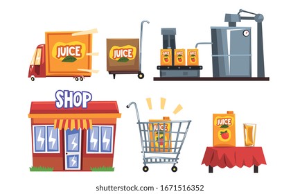 Production of Apple Juice, Industrial Processing of Fruit from Orchard to Table Vector Illustration