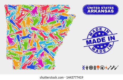 Production Arkansas State map and blue Made In scratched stamp. Colored vector Arkansas State map mosaic of industrial items. Blue rounded Made In stamp.