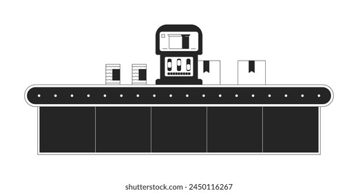 Production assembly line black and white 2D line cartoon object. Conveyor belt boxes isolated vector outline item. Industrial equipment. Factory industrial plant monochromatic flat spot illustration