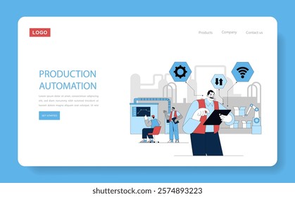 Production Automation concept. Efficient factory workflow with modern machinery managed by skilled workers. Streamlining production process. Vector illustration.