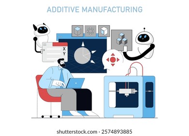 Production automation concept. Engineer monitors 3D printing process with robotic assistance for additive manufacturing. Vector illustration.