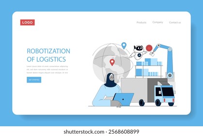 Production Automation concept. Illustration showcasing logistics industry's shift to robotics, featuring automated machinery and AI monitoring. Vector illustration.