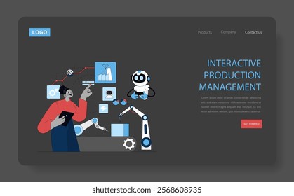 Production Automation concept. A woman operates advanced machinery overseen by a robot in a smart factory setting. Manufacturing efficiency through technology. Vector illustration.