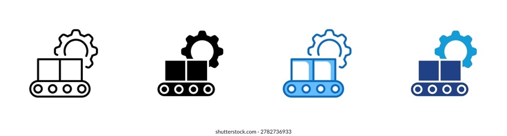Production Automation Multiple Style Icon Design Vector - Conveyor with gear and package representing factory automation, industrial production, and manufacturing workflow