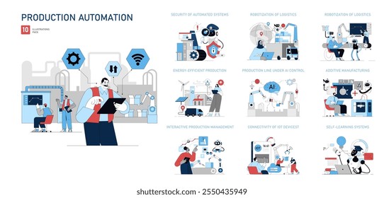 Conjunto de automatización de producción. Procesos industriales modernos mejorados por la tecnología. Seguridad de la fábrica, logística de la IA y producción de ahorro de energía. Ilustración vectorial.