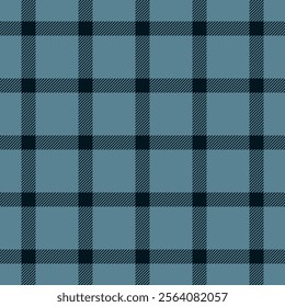 Production background tartan texture, father plaid textile fabric. Small vector pattern seamless check in cyan and black colors palette.