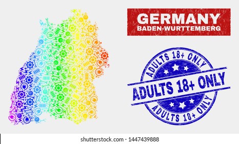 Production Baden-Wurttemberg Land map and blue Adults 18+ Only scratched stamp. Spectral gradiented vector Baden-Wurttemberg Land map mosaic of production. Blue rounded Adults 18+ Only stamp.