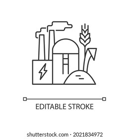 Production of biomass energy linear icon. Alternative energy made from organic material. Thin line customizable illustration. Contour symbol. Vector isolated outline drawing. Editable stroke