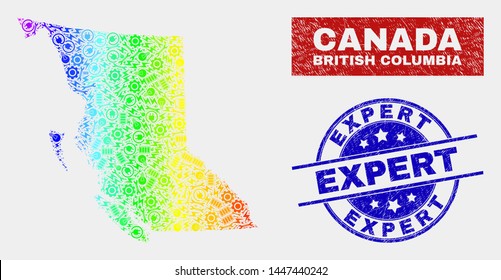 Production British Columbia map and blue Expert scratched seal. Colorful gradiented vector British Columbia map mosaic of mechanics. Blue rounded Expert seal.