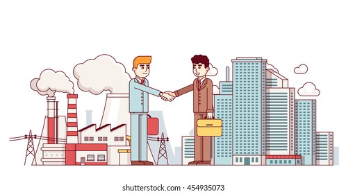 Production business and city partnership. Town and factory supply chain collaboration deal. Energy production plant. Modern flat style thin line vector illustration isolated on white background.