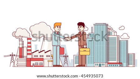Production business and city partnership. Town and factory supply chain collaboration deal. Energy production plant. Modern flat style thin line vector illustration isolated on white background.