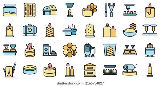 Production of candles icons set outline vector. Making artist. Automation beeswax thin line color flat on white