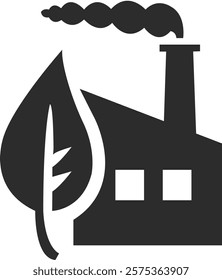 Production with carbon dioxide and CO2 emissions at a plant or factory, icon in the form of a building silhouette with a pipe, smoke and a leaf, environmental pollution.