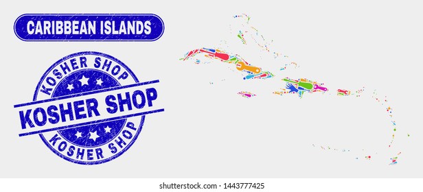 Production Caribbean Islands map and blue Kosher Shop scratched watermark. Colored vector Caribbean Islands map mosaic of production elements. Blue round Kosher Shop seal.