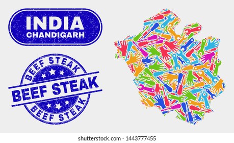 Production Chandigarh City map and blue Beef Steak distress stamp. Colored vector Chandigarh City map mosaic of productivity. Blue round Beef Steak stamp.