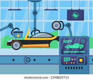 Production of cheap electric vehicles vector illustration. Manufacturing line with manipulator arms, car assembling. Automotive manufacture, new technology concept