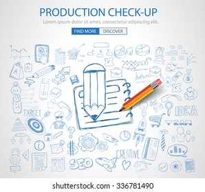 Concepto de chequeo de producción con estilo de diseño Doodle: comprobación física, prueba de piezas. Ilustración de estilo moderno para banners web, folletos y volantes.
